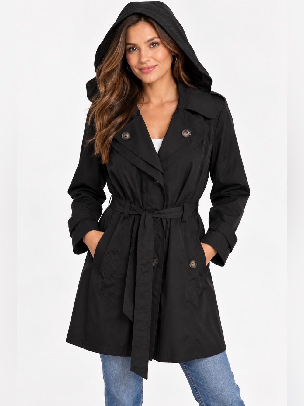 London Fog Single Breasted Hood Belt Trench Coat black button down XL pockets
